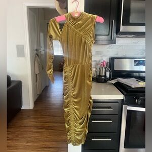 ASOS velvet Pencil Dress Size 0 XS Olive Green MIDI Stretch Asymmetrical